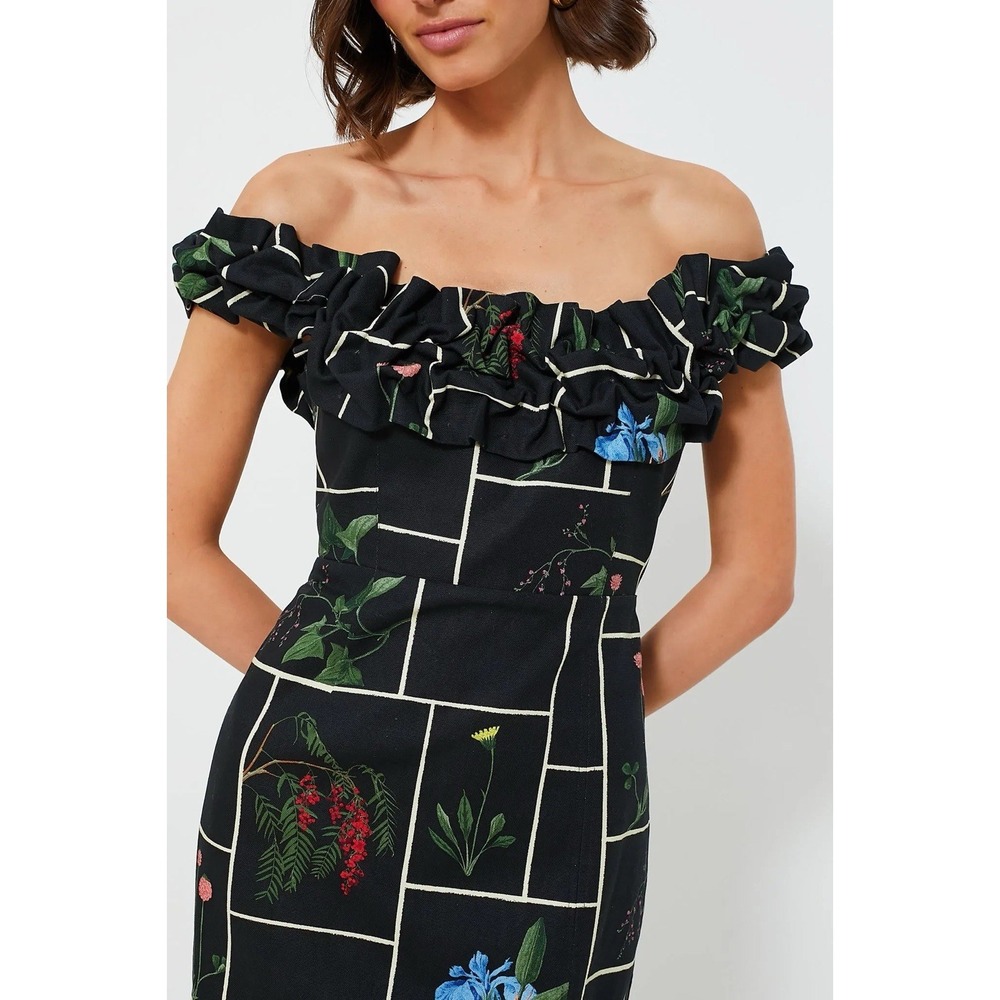 Tuckernuck Black Fresher Buds Suze Dress Floral Off Shoulder Ruffle Midi Size 6 - Picture 2 of 9